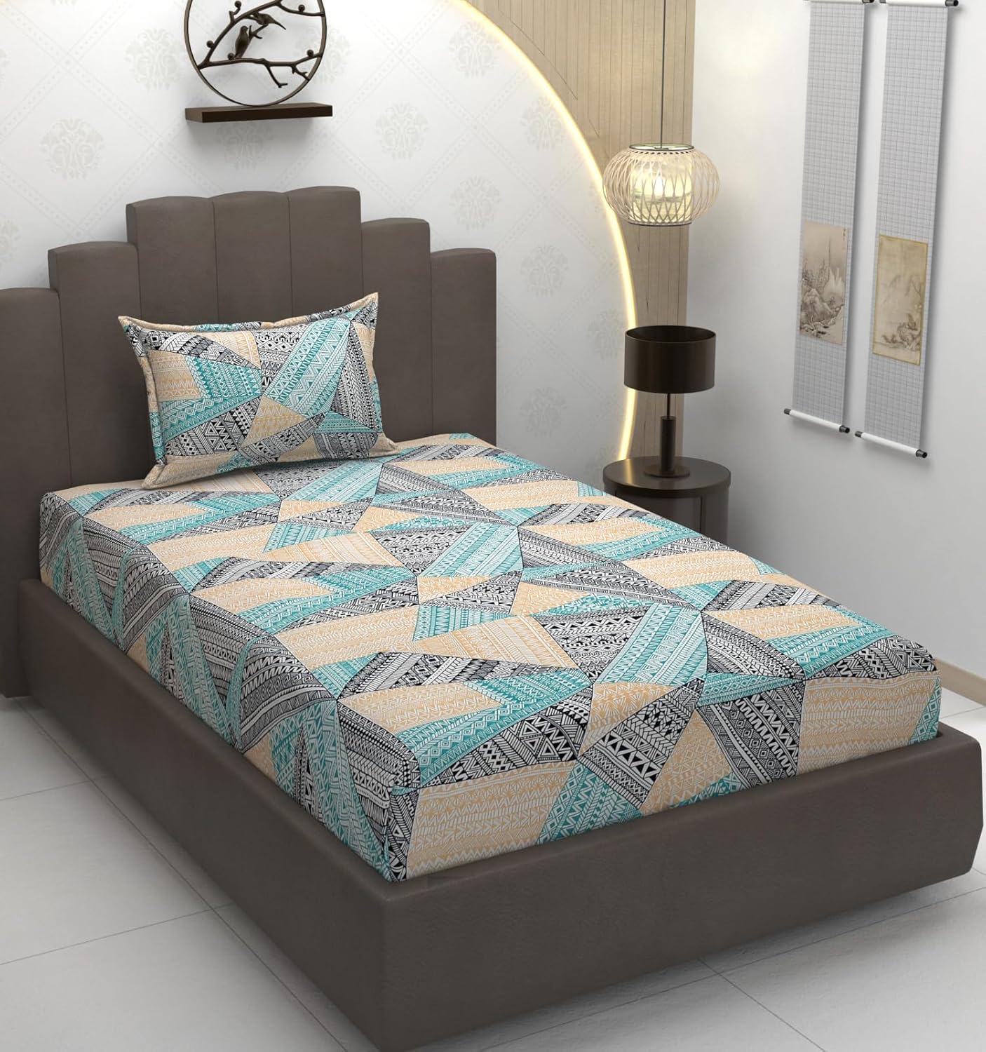TIB Glace Cotton Elastic Fitted Bedsheets Single Bed 36x78x8 Inches with 1 Pillow Covers, 210TC (Blue Flower, Single)