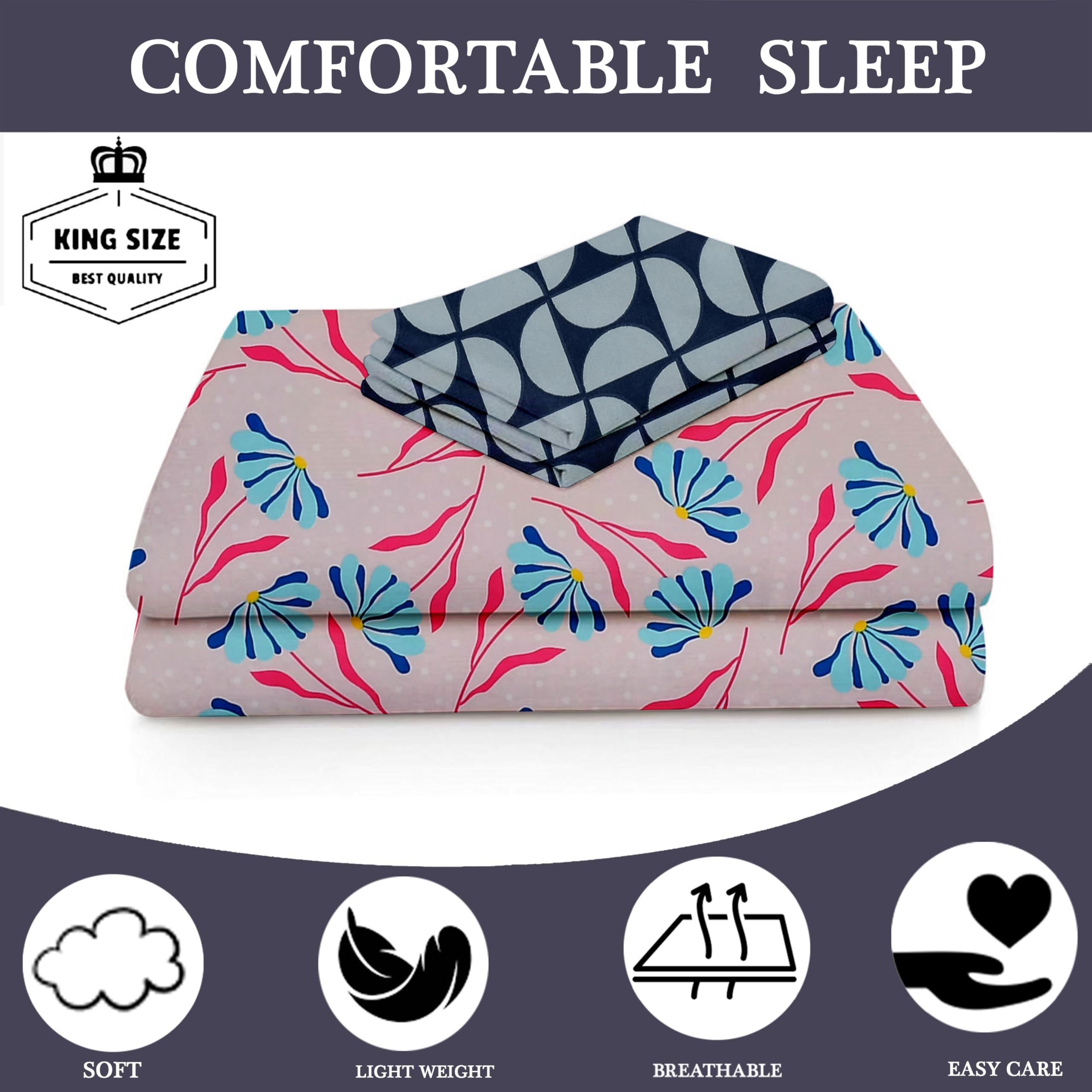 TIB Presents Luxurious Glace Cotton Super Soft 210 TC Elastic Fitted Bedsheets King Size (78X72X10 Inch) 360° with 2 Pillow Covers, 45x70 cm (Blue, Coordinate King Fitted)