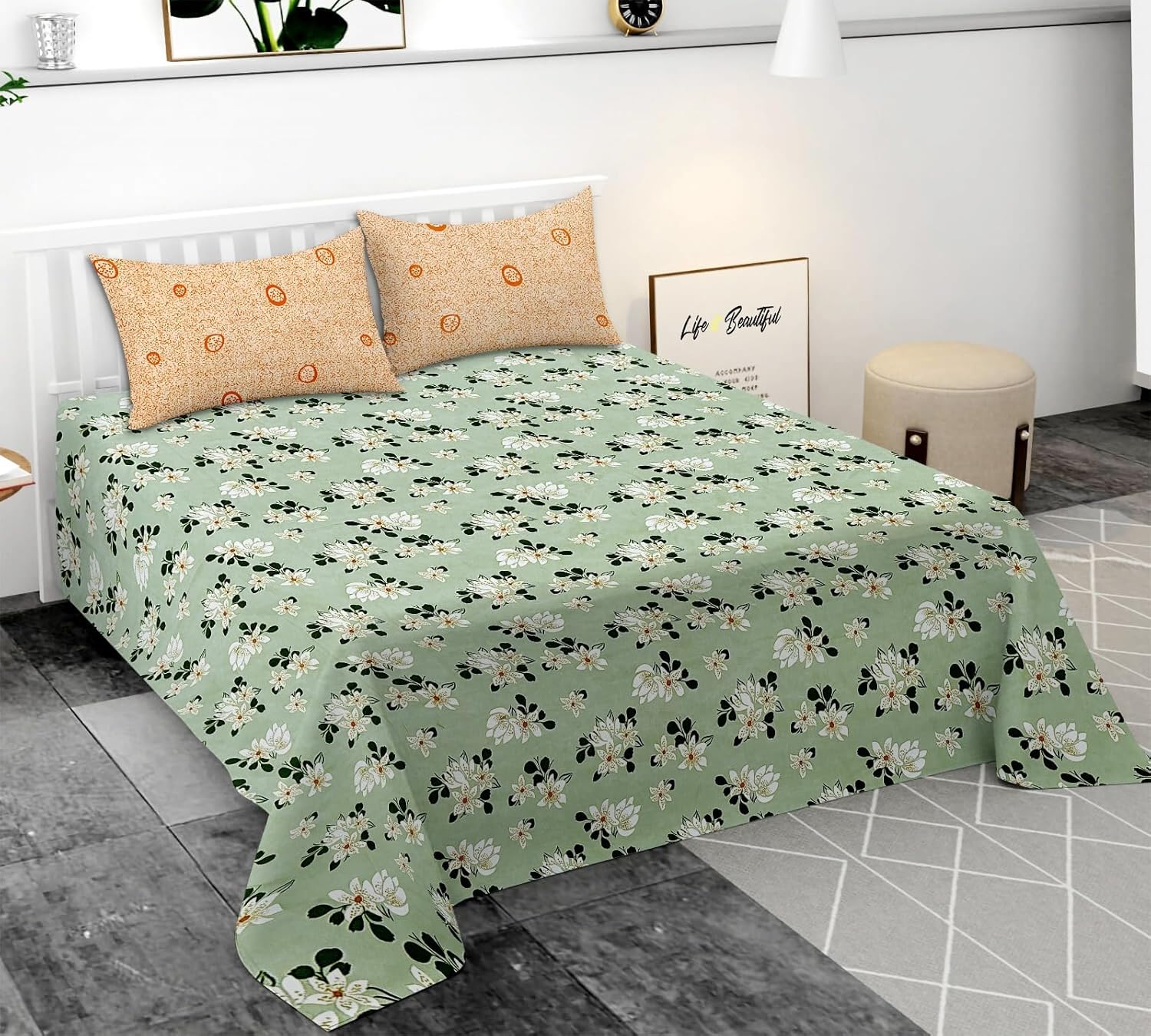 TIB Premium 250TC Glace Cotton Coordinate Bedsheet for Double Bed King Size(108x108 Inches) with 2 Pillow Covers (18x28 Inches)– Soft & Durable Fabric (Beige Circle)
