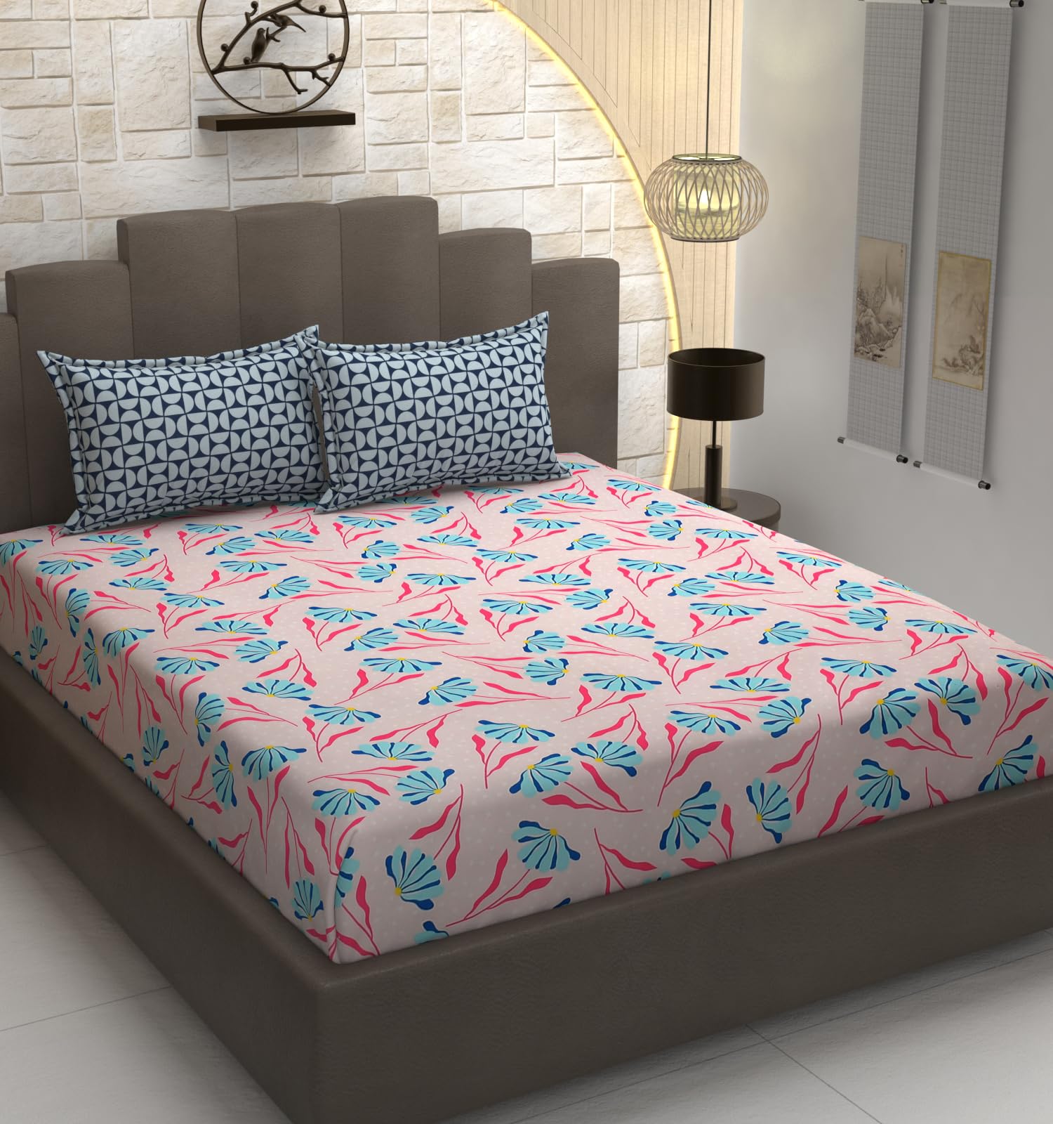 TIB Presents Luxurious Glace Cotton Super Soft 210 TC Elastic Fitted Bedsheets King Size (78X72X10 Inch) 360° with 2 Pillow Covers, 45x70 cm (Blue, Coordinate King Fitted)