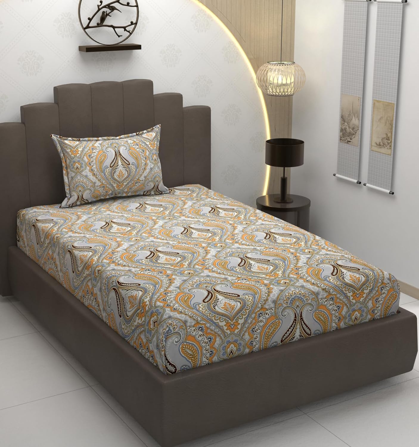 TIB Glace Cotton Elastic Fitted Bedsheets Single Bed 36x78x8 Inches with 1 Pillow Covers, 210TC (Blue Flower, Single)