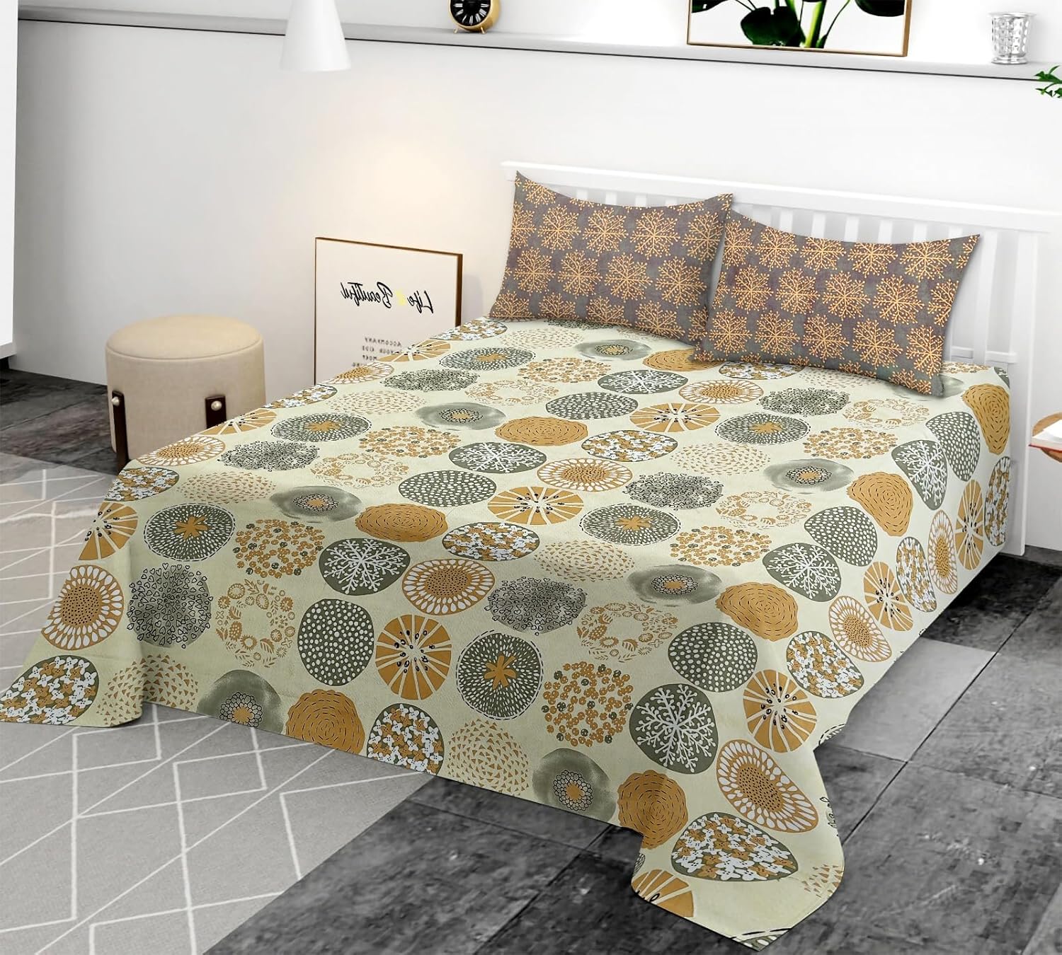 TIB Premium 250TC Glace Cotton Coordinate Bedsheet for Double Bed King Size(108x108 Inches) with 2 Pillow Covers (18x28 Inches)– Soft & Durable Fabric (Beige Circle)