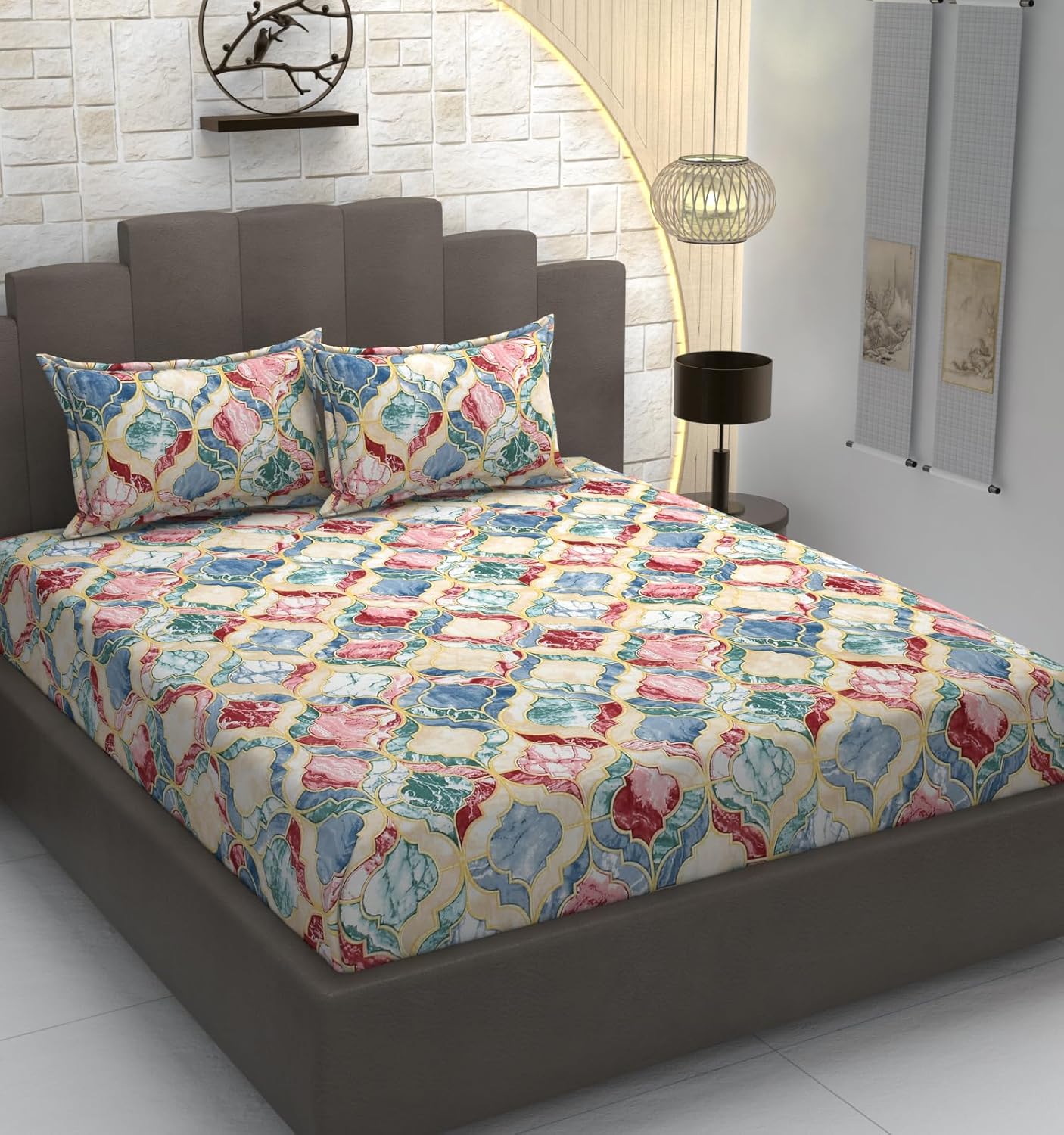 TIB Glace Cotton Elastic Fitted Bedsheets Double Bed