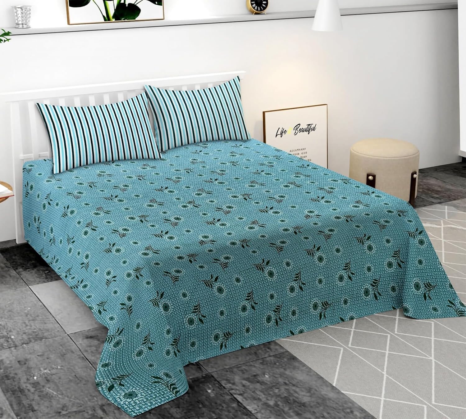 TIB Premium 250TC Glace Cotton Coordinate Bedsheet for Double Bed King Size(108x108 Inches) with 2 Pillow Covers (18x28 Inches)– Soft & Durable Fabric (Beige Circle)