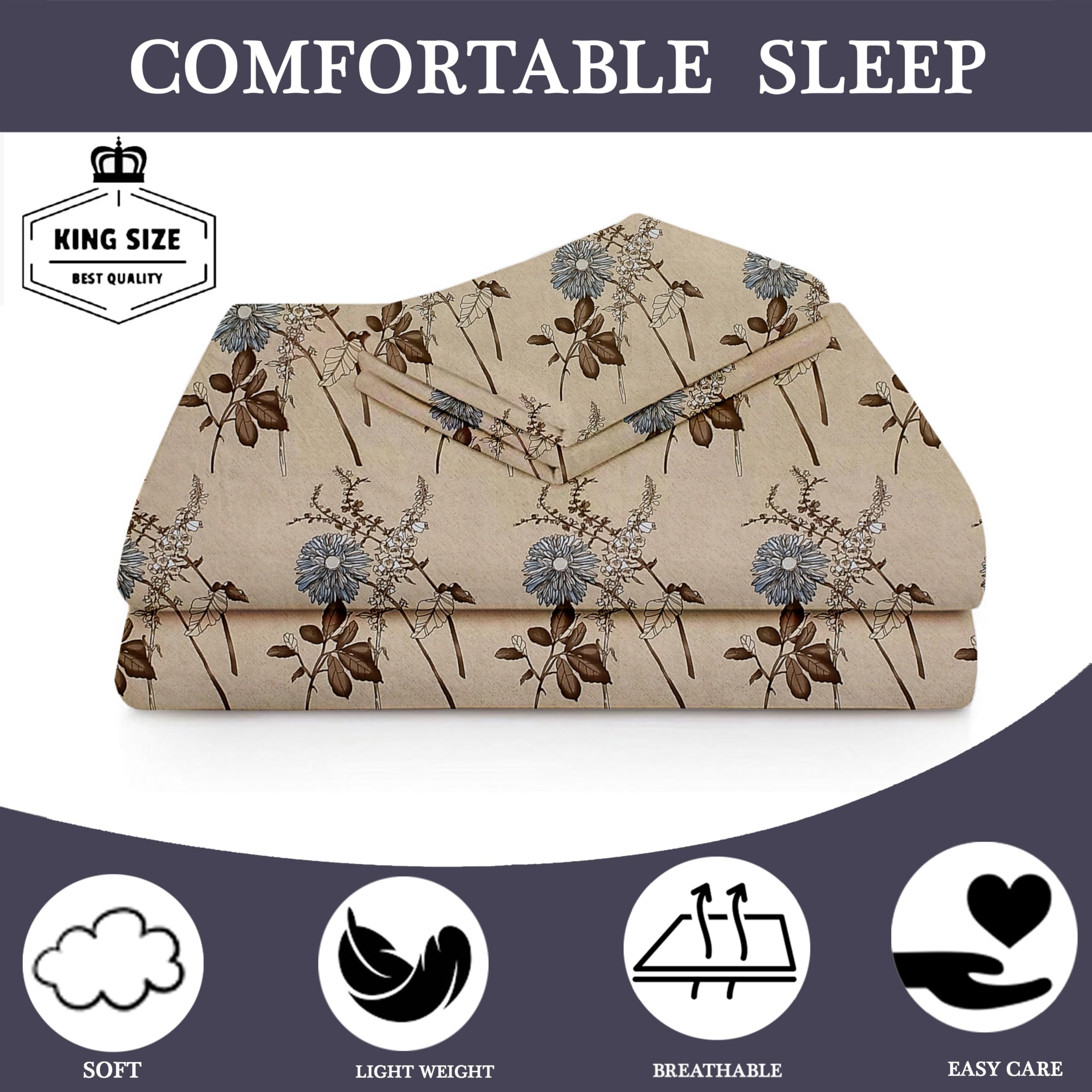 TIB Presents Luxurious Glace Cotton Super Soft 210 TC Elastic Fitted Bedsheets King Size (78X72X10 Inch) 360° with 2 Pillow Covers, 45x70 cm (Blue, Coordinate King Fitted)