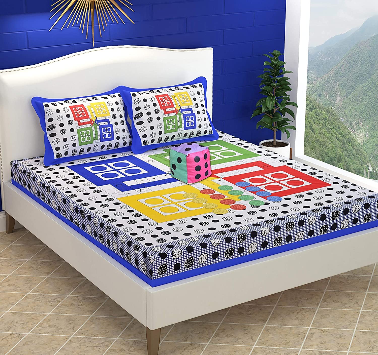 Ludo Bedsheet Set with Pillow Cover and Dice