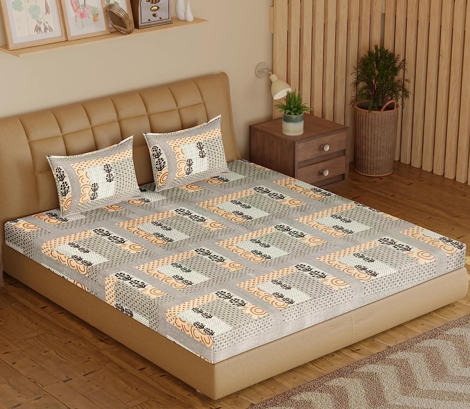 TIB The Intellect Bazaar Premium 100% Cotton Elastic Fitted Bedsheets with 2 Pillow Covers | Double Bed with All Around Fitted Sheet King Size - 72x78+10 inches, New-Camel