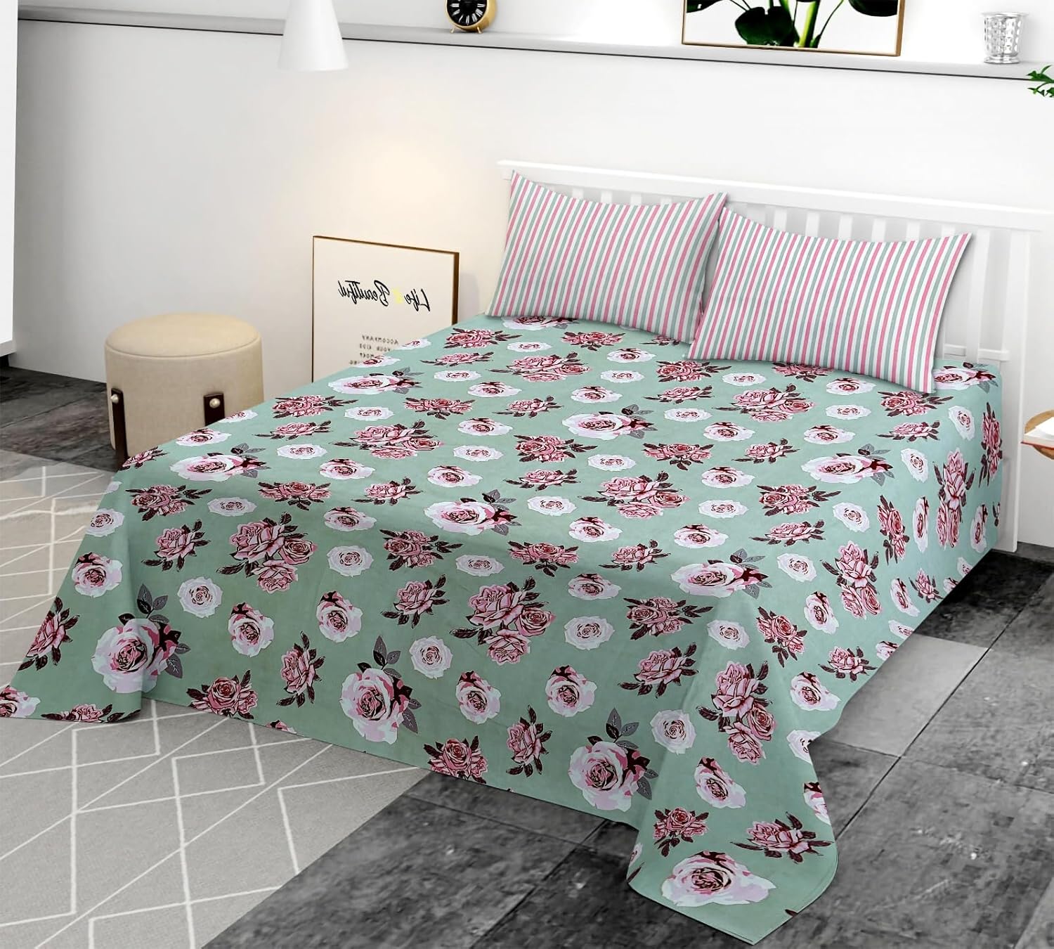 TIB Premium 250TC Glace Cotton Coordinate Bedsheet for Double Bed King Size(108x108 Inches) with 2 Pillow Covers (18x28 Inches)– Soft & Durable Fabric (Beige Circle)