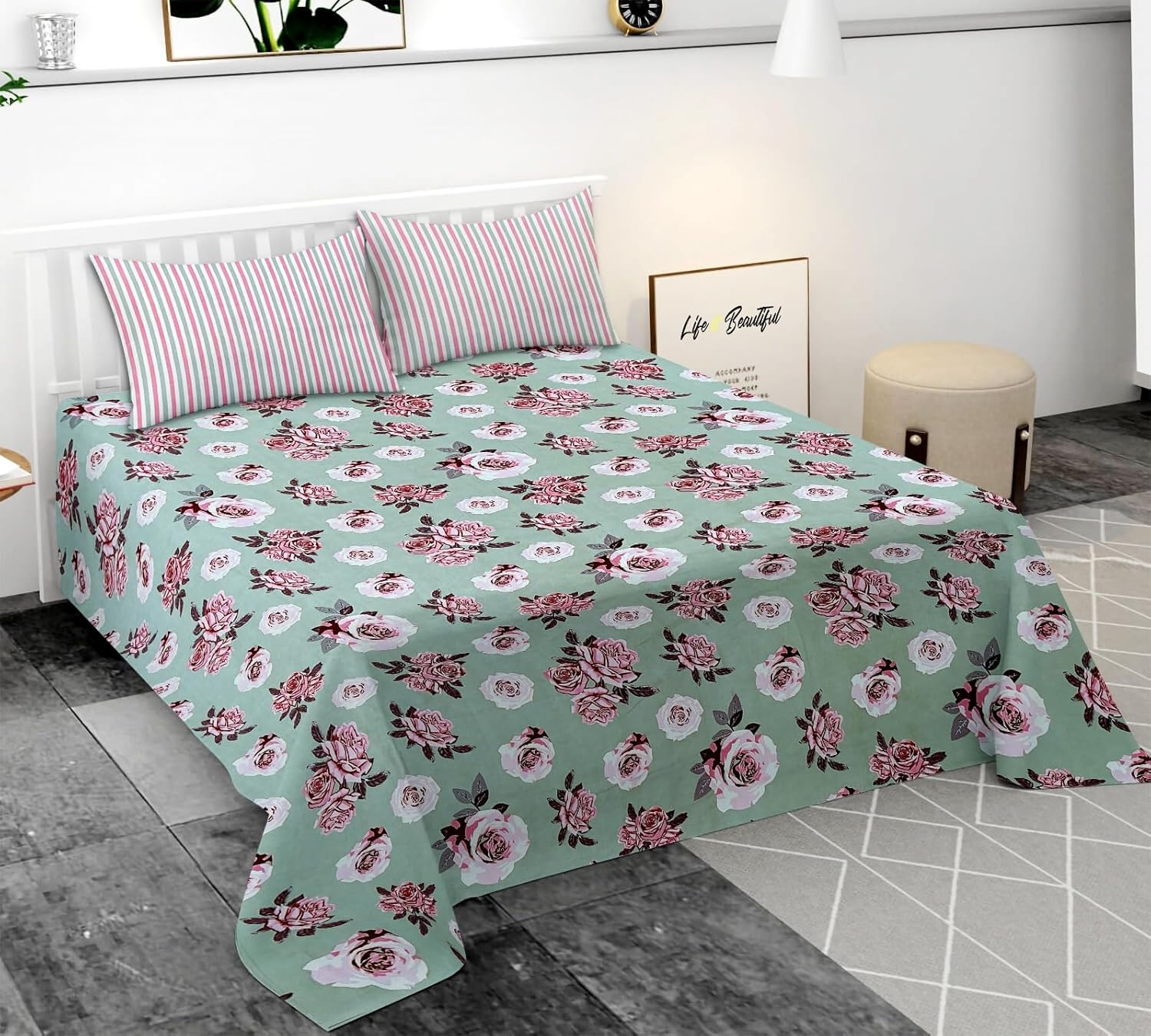 TIB Premium 250TC Glace Cotton Coordinate Bedsheet for Double Bed King Size(108x108 Inches) with 2 Pillow Covers (18x28 Inches)– Soft & Durable Fabric (Beige Circle)