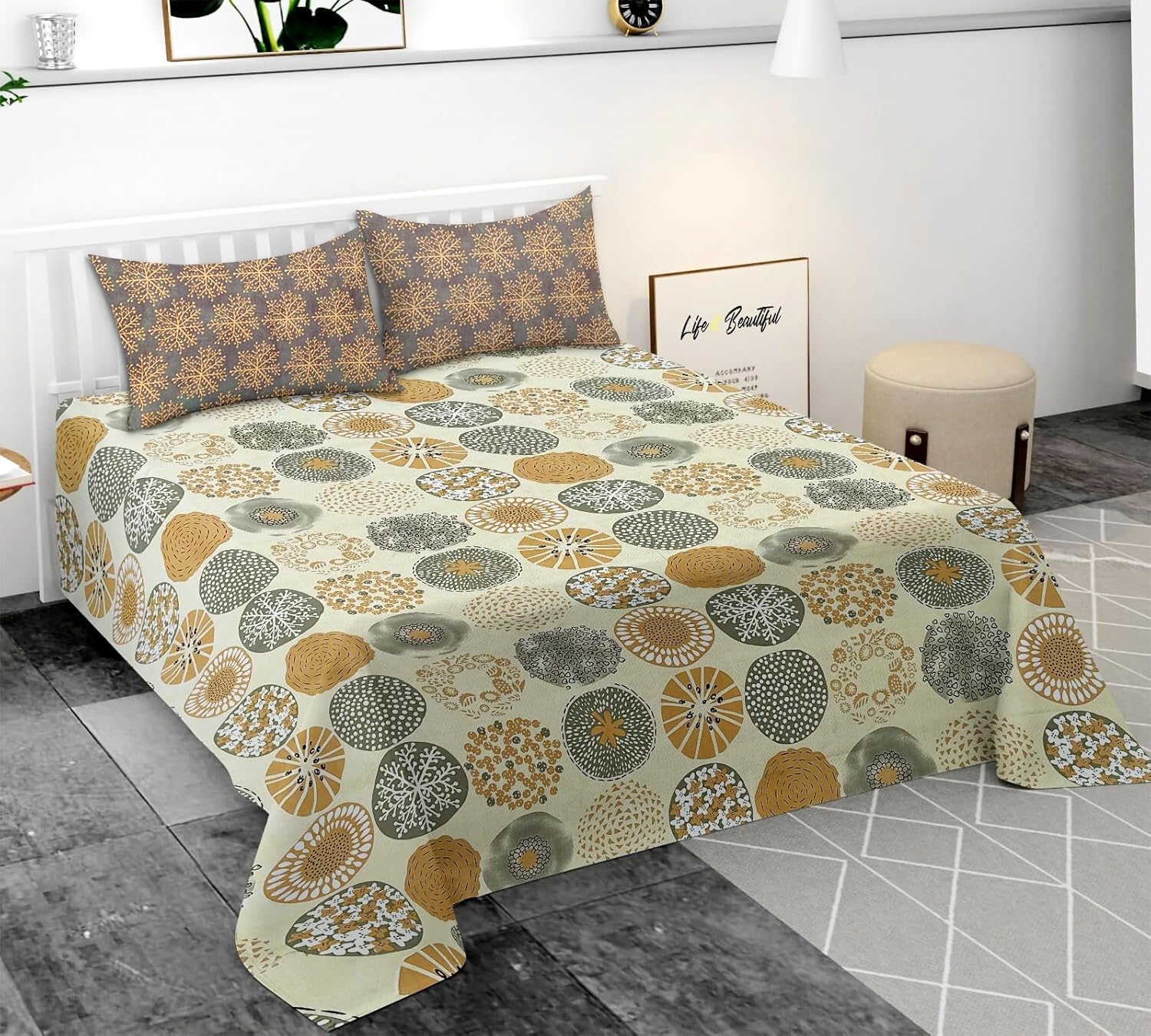 TIB Premium 250TC Glace Cotton Coordinate Bedsheet for Double Bed King Size(108x108 Inches) with 2 Pillow Covers (18x28 Inches)– Soft & Durable Fabric (Beige Circle)