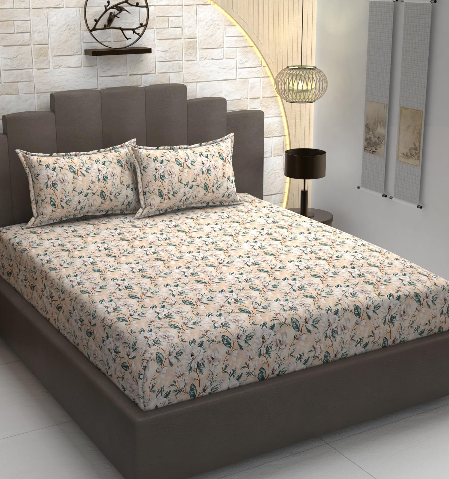 TIB Presents Luxurious Glace Cotton Super Soft 210 TC Elastic Fitted Bedsheets King Size (78X72X10 Inch) 360° with 2 Pillow Covers, 45x70 cm (Blue, Coordinate King Fitted)