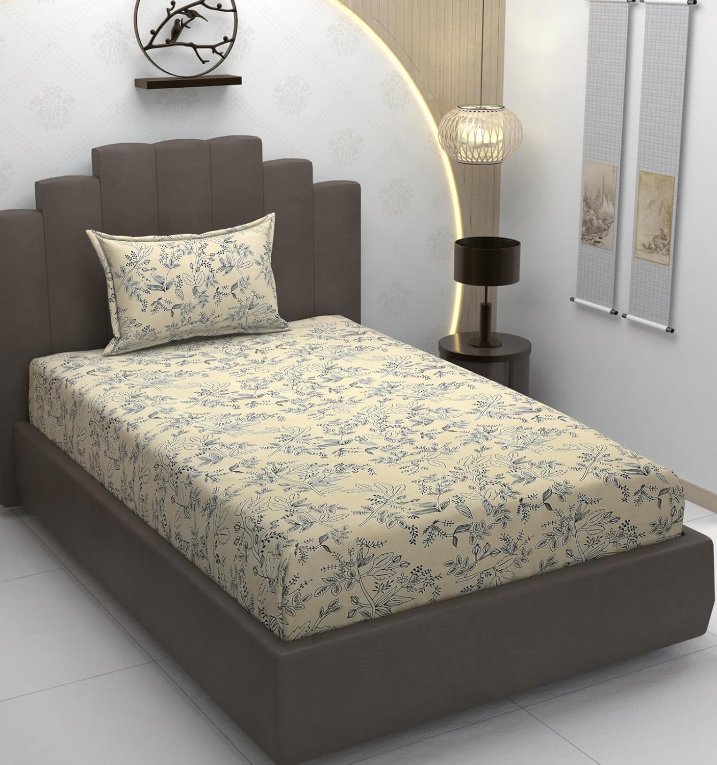 TIB Glace Cotton Elastic Fitted Bedsheets Single Bed 36x78x8 Inches with 1 Pillow Covers, 210TC (Blue Flower, Single)