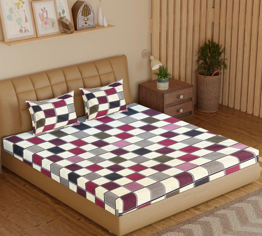 TIB The Intellect Bazaar Premium 100% Cotton Elastic Fitted Bedsheets with 2 Pillow Covers | Double Bed with All Around Fitted Sheet King Size - 72x78+10 inches, Brown
