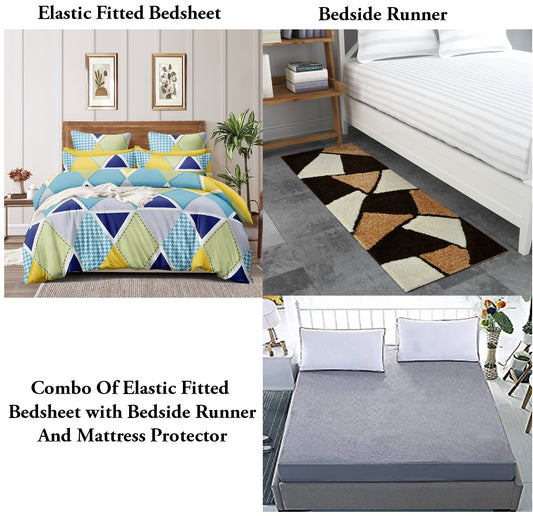 TIB The Intellect Bazaar Combo of Elastic Fitted King Bedsheet 72"x78" with Mattress Protector And Bedside Runner