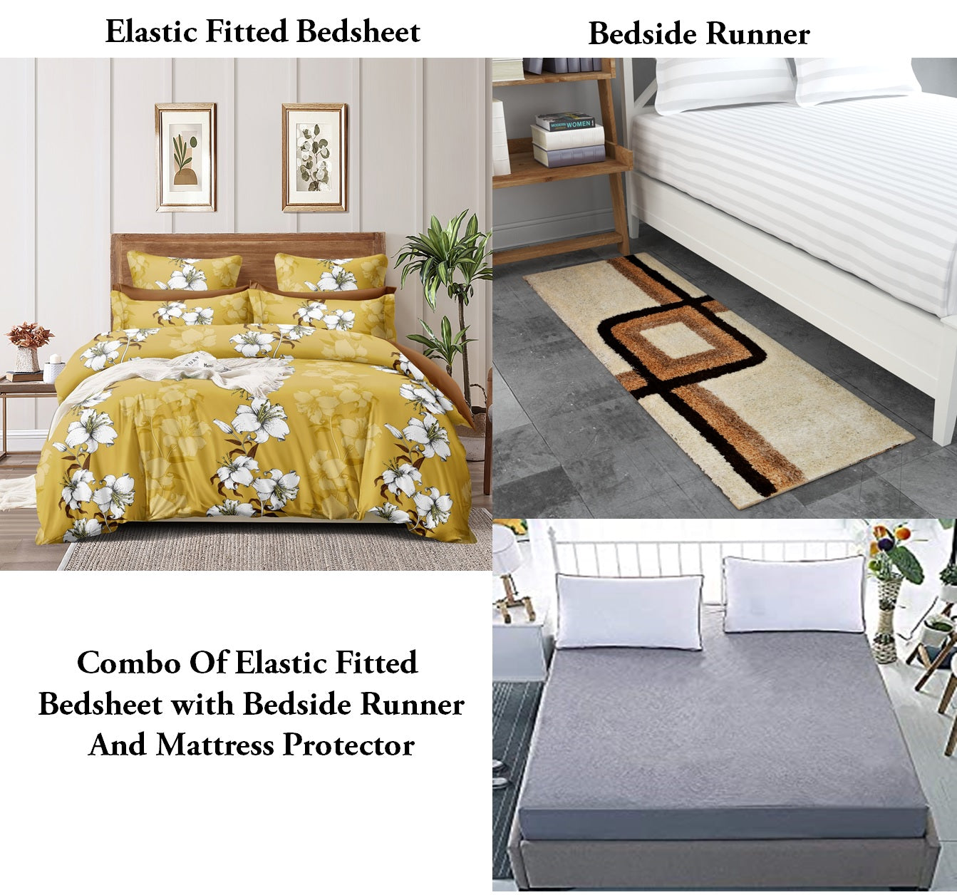 TIB The Intellect Bazaar Combo of Elastic Fitted King Bedsheet 72"x78" with Mattress Protector And Bedside Runner