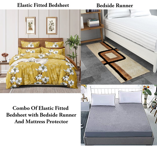 TIB The Intellect Bazaar Combo of Elastic Fitted King Bedsheet 72"x78" with Mattress Protector And Bedside Runner