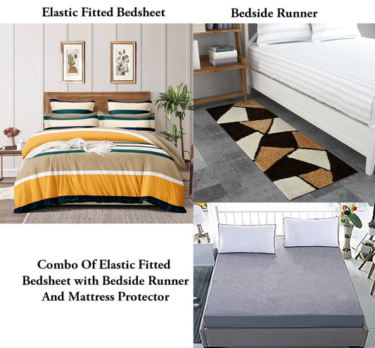 TIB The Intellect Bazaar Combo of Elastic Fitted King Bedsheet 72"x78" with Mattress Protector And Bedside Runner
