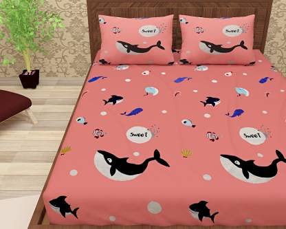 TIB 130 GSM Polycotton Kids Galaxy Pattern Bedsheet for Double Bed with 2 Pillow Covers,90x100 Inch, Peach