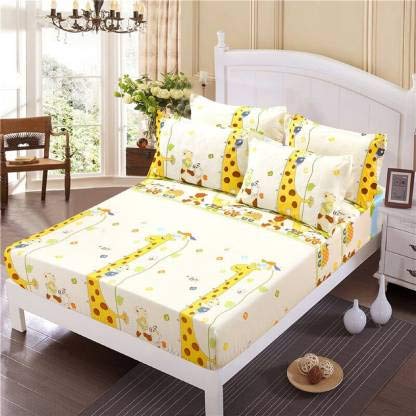 TIB 130 GSM Polycotton Kids Galaxy Pattern Bedsheet for Double Bed with 2 Pillow Covers,90x100 Inch, Beige