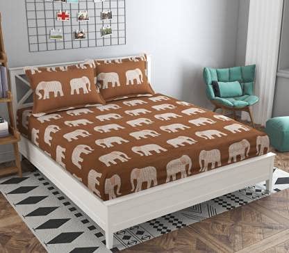 TIB The Intellect Bazaar Cotton Feel Glace Cotton Elastic Fitted King Size Double Bedsheet with 2 Pillow Covers (72” x 78” or 182x152 cm) Brown