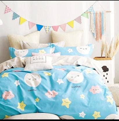 TIB 130 GSM Polycotton Kids Galaxy Pattern Bedsheet for Double Bed with 2 Pillow Covers,90x100 Inch, Sky Blue