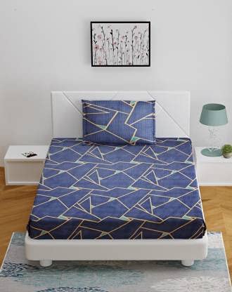 TIB  Elastic Fitted Single Size Bedsheet with 1 Pillow Covers -Geometric, Multicolor , Best Suitable for 4-8 inch Mattress