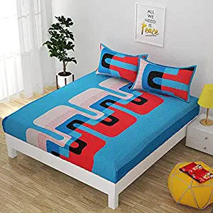 TIB® The Intellect Bazaar Geometric 100% Cotton Elastic Fitted King Size Bedsheet with 2 Pillow Covers - Blue | 160 TC |