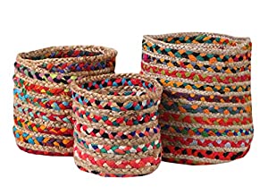 TIB The Intellect Bazaar Jute Planter Pots/Handcrafted Storage Basket with Handle, Multi-Purpose use for Living Room Pack of 3(8x8, 10x10, 12x12 Inches) Multi