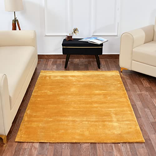 TIB The Intellect Bazaar Handmade Woolen Carpets Super Soft Viscose Silk Export Quality Carpet for Living Room 4x6 Feet Bedroom and Hall Camel