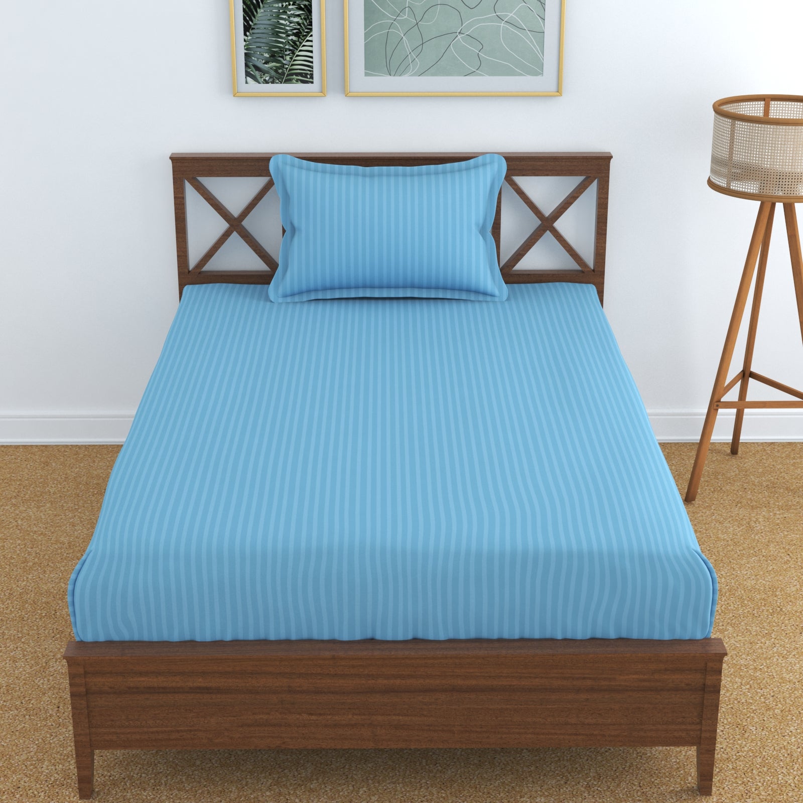 TIB The Intellect Bazaar Satin Cotton AC Comforter Set King Size Double Bed with 1 Elastic Fitted King Size bedsheet-72x78 and Two Pillow Covers (Pack of 4) Sky Blue