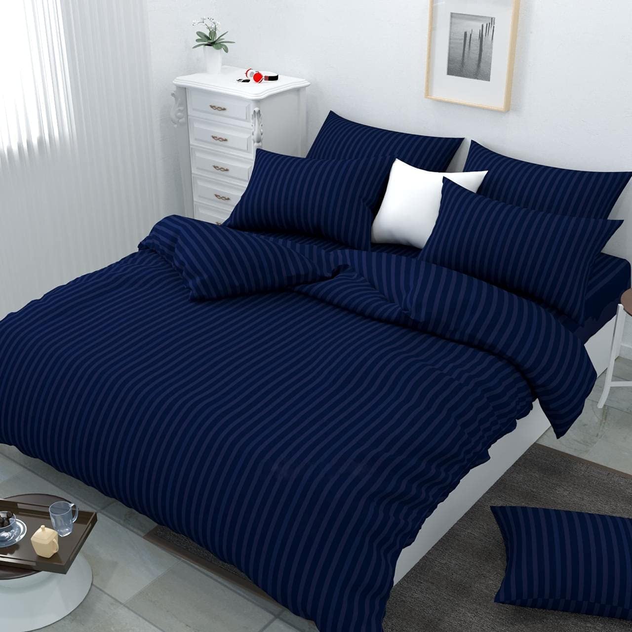 TIB Glace Cotton Satin Stripes Duvet Cover, Razai Cover- Navy Blue