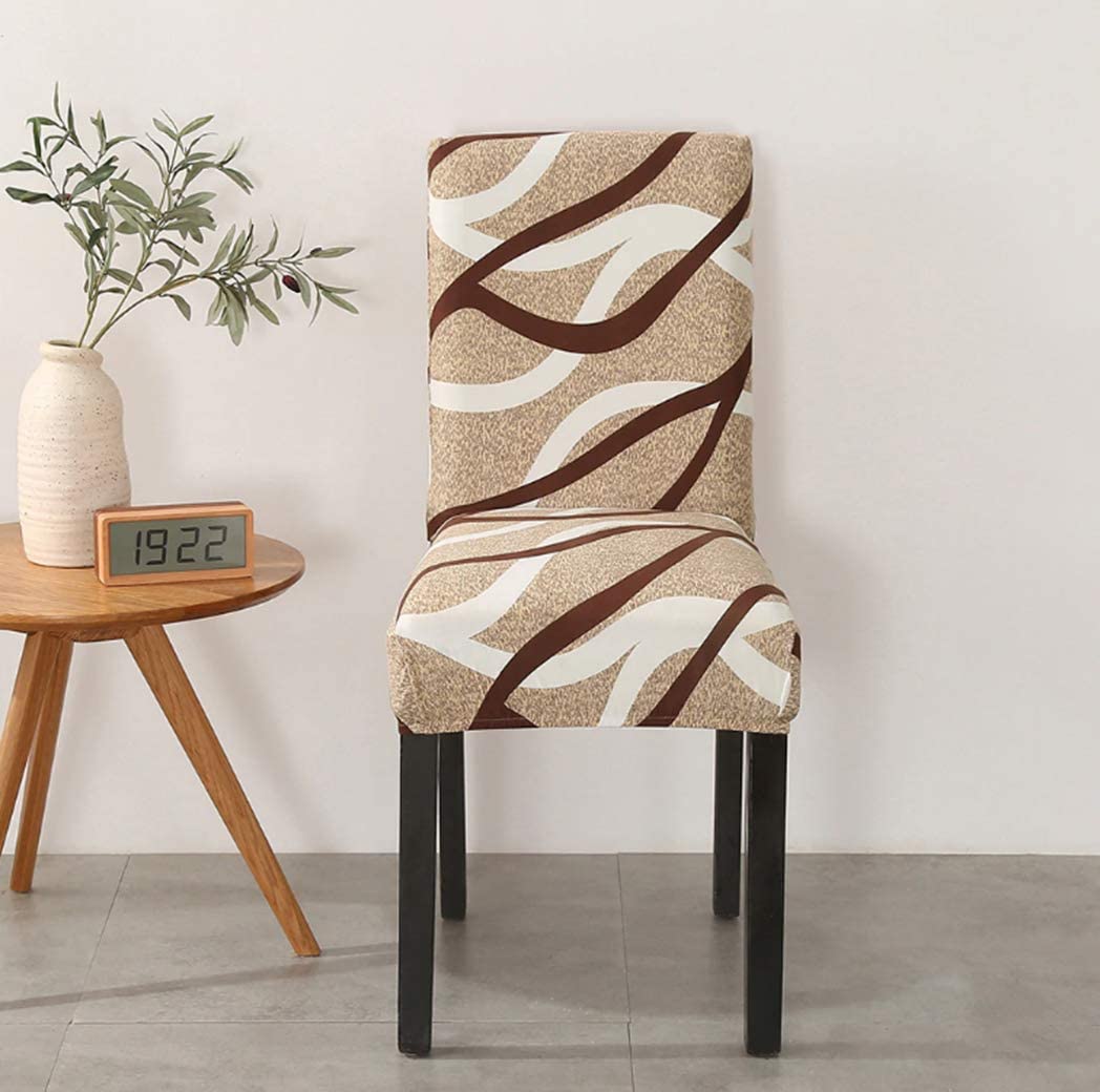 TIB The Intellect Bazaar Polyester Flowered Elastic Stretch Removable Washable Dining Chair Cover Set of 6 Seat Protector Slipcover (Beige) -6 Pieces