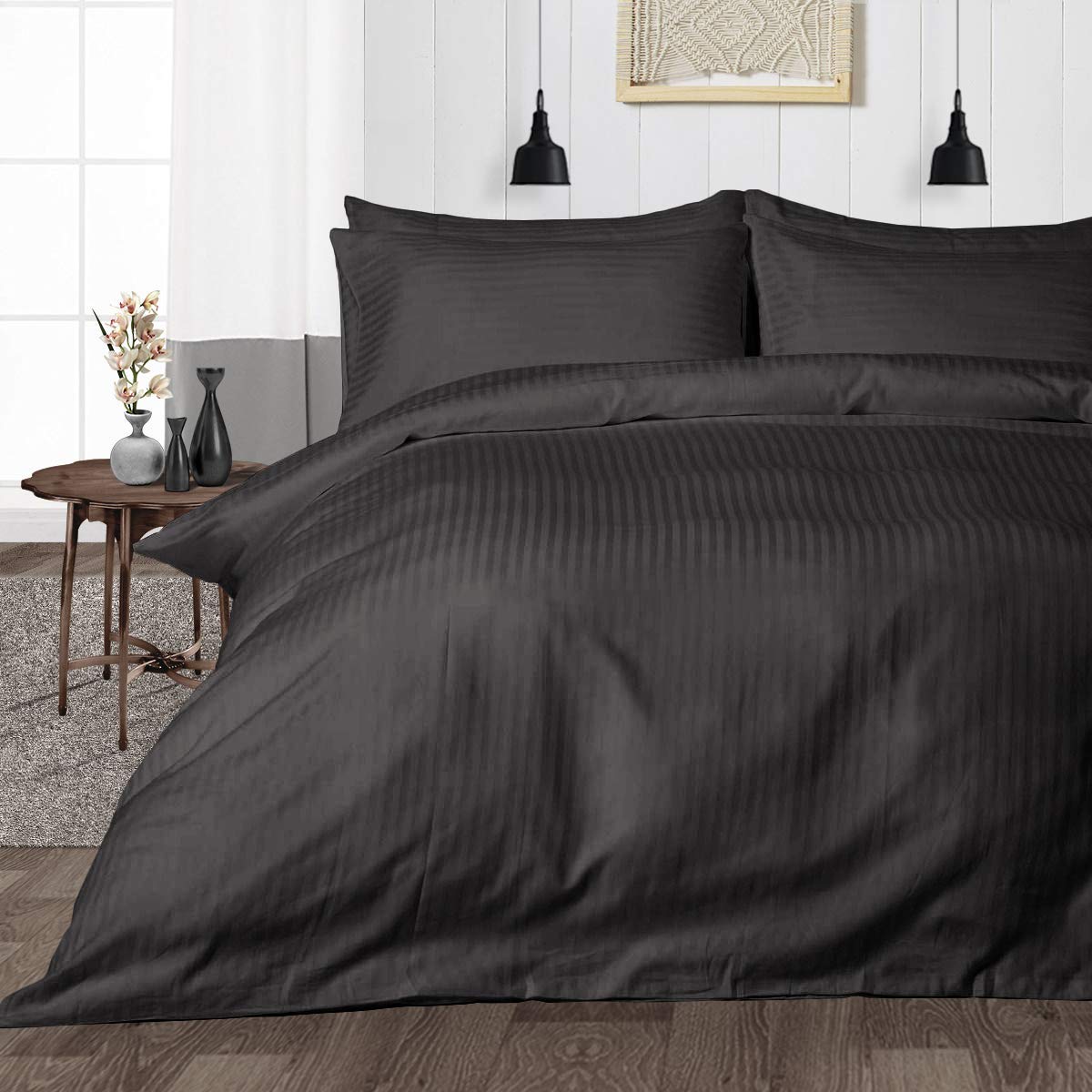 TIB Glace Cotton Satin Stripes Duvet Cover, Razai Cover- Grey