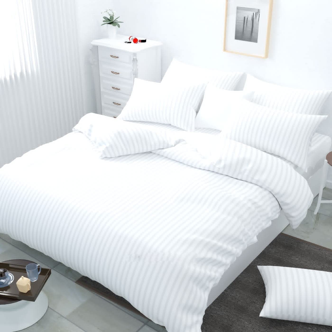 TIB Glace Cotton Satin Stripes Duvet Cover, Razai Cover- White