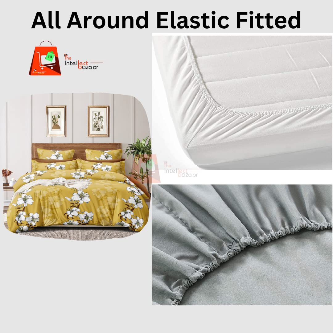 TIB The Intellect Bazaar Cotton Feel Glace Cotton Elastic Fitted Bedsheet/King Size Bedsheet with 2 Pillow Covers -Yellow Flower