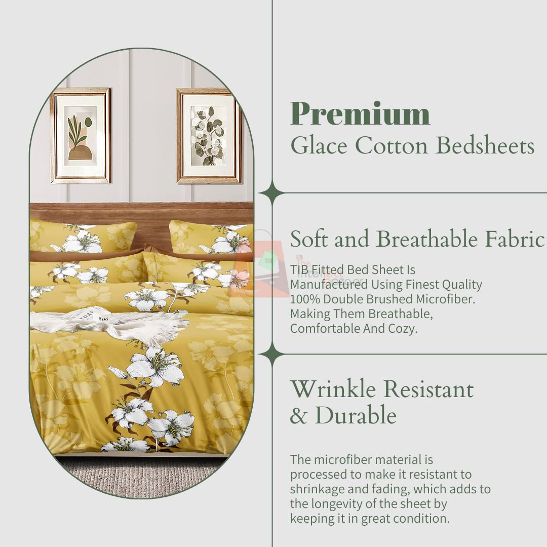 TIB The Intellect Bazaar Cotton Feel Glace Cotton Elastic Fitted Bedsheet/King Size Bedsheet with 2 Pillow Covers -Yellow Flower
