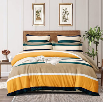 TIB  Glace Cotton AC Comforter Set King Size Double Bed with 1 Flat bedsheet-90x100 inch and Two Pillow Covers (Pack of 4) Yellow Green Lines