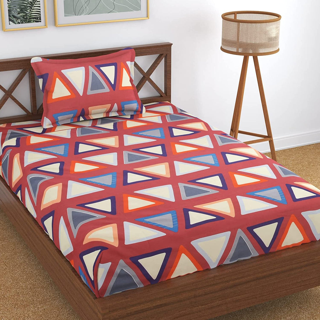 TIB The Intellect Bazaar Cotton Feel Glace Cotton Elastic Fitted Bedsheet Single Size Bedsheet with 1 Pillow Covers (36x78) Triangle-Multi