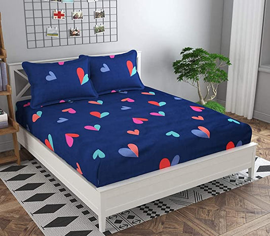 TIB The Intellect Bazaar Cotton Feel Glace Cotton Elastic Fitted King Size Double Bedsheet with 2 Pillow Covers (72” x 78” or 182x152 cm) Navy Blue