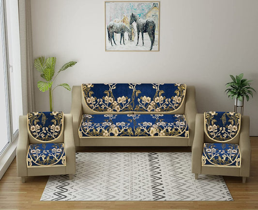 The Intellect Bazaar 450 TC Velvet Sofa Cover Set (6 Pieces) - 5 Seater Set,Dark Blue