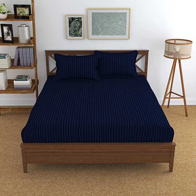 TIB The Intellect Bazaar Satin Cotton AC Comforter Set King Size Double Bed with 1 Elastic Fitted King Size bedsheet-72x78 and Two Pillow Covers (Pack of 4) Navy Blue