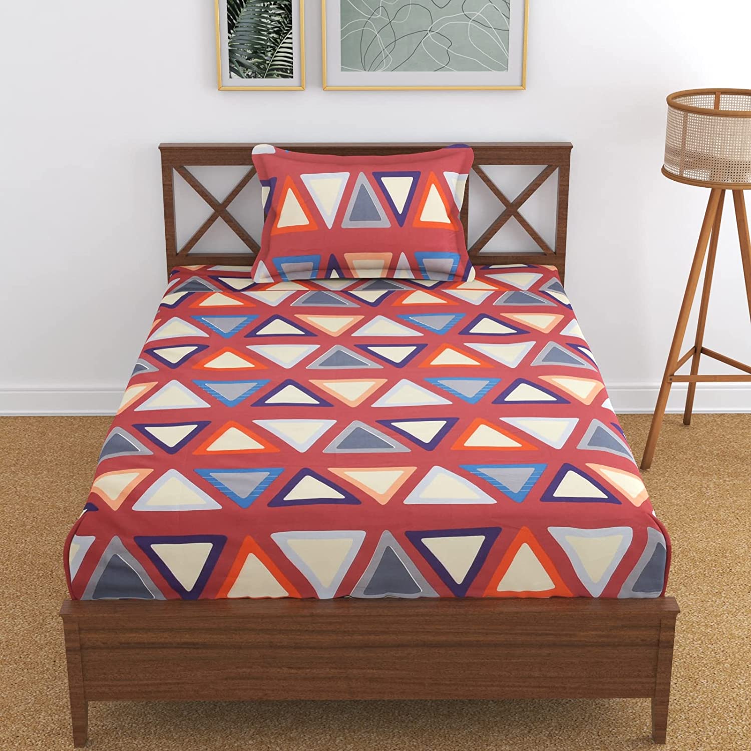 TIB The Intellect Bazaar Cotton Feel Glace Cotton Elastic Fitted Bedsheet Single Size Bedsheet with 1 Pillow Covers (36x78) Triangle-Multi