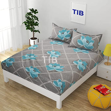 TIB The Intellect Bazaar Cotton Feel Glace Cotton Elastic Fitted King Size Double Bedsheet with 2 Pillow Covers (72” x 78” or 182x152 cm) Grey