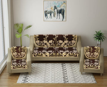 The Intellect Bazaar Chenille 450 TC Velvet Flowered 5 Seater Sofa Cover (Brown, Standard) -Set of 6 Pieces