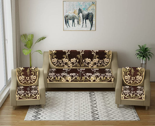 The Intellect Bazaar Chenille 450 TC Velvet Flowered 5 Seater Sofa Cover (Brown, Standard) -Set of 6 Pieces