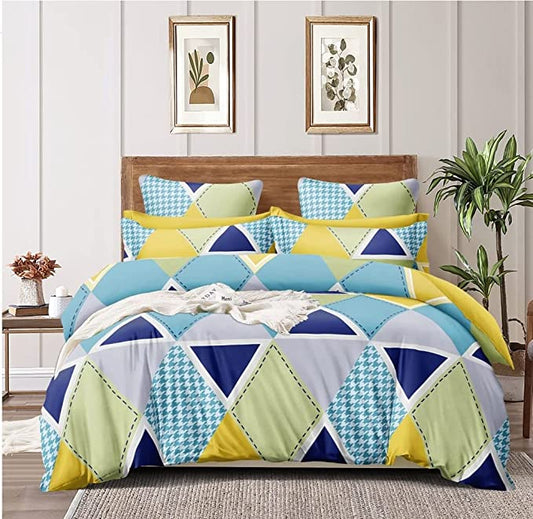 TIB  Glace Cotton AC Comforter Set King Size Double Bed with Elastic Fitted King Size bedsheet and  Pillow Covers (Rhombus-Multi)