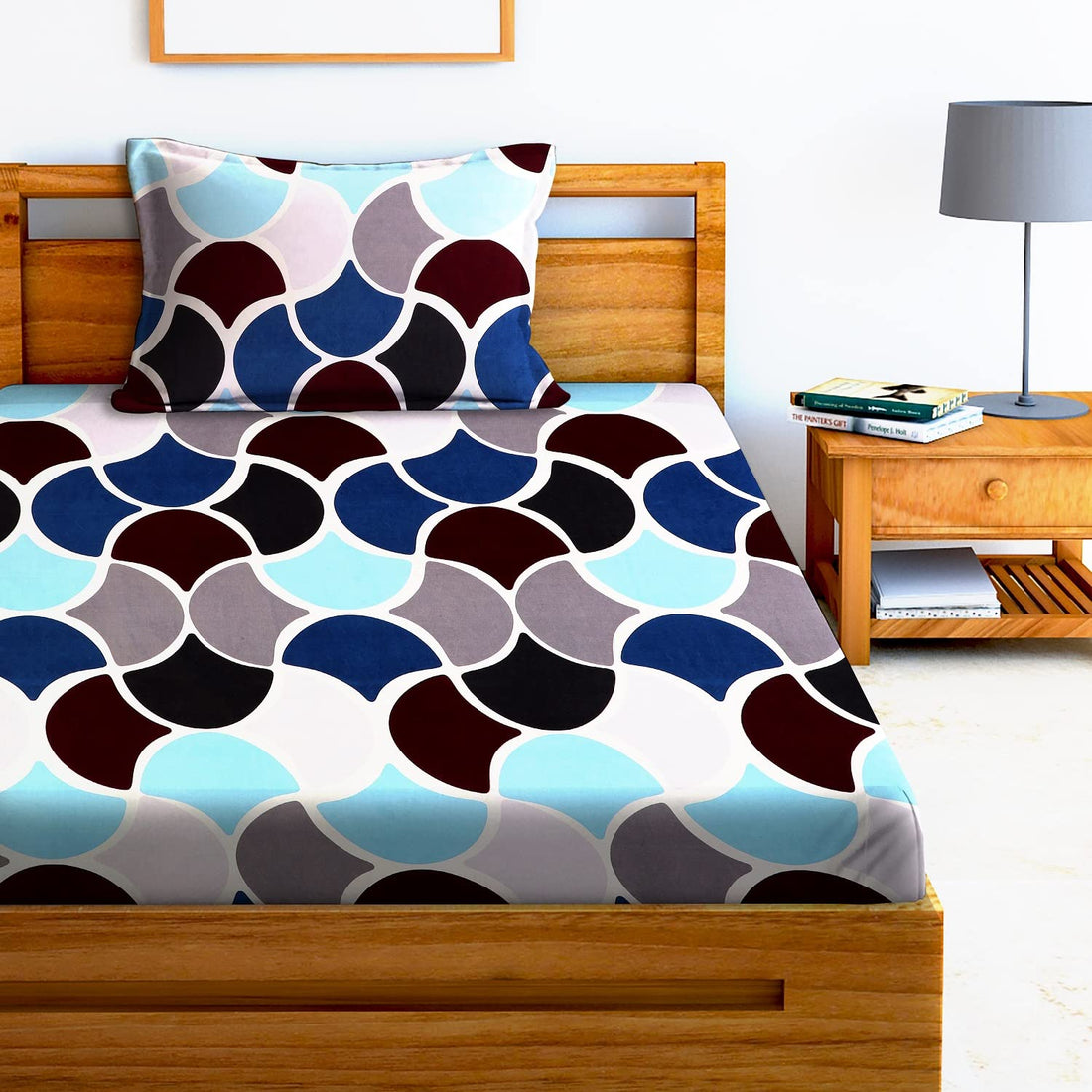 TIB The Intellect Bazaar Cotton Feel Glace Cotton Elastic Fitted Bedsheet Single Size Bedsheet with 1 Pillow Covers (36 x 78) Multi-circle
