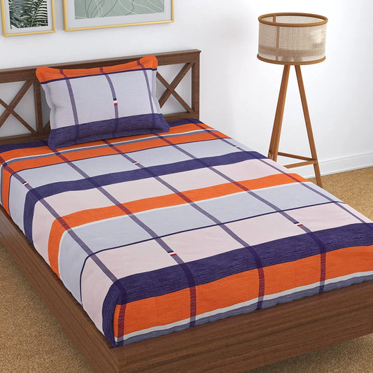 TIB The Intellect Bazaar Cotton Feel Glace Cotton Elastic Fitted Bedsheet Single Size Bedsheet with 1 Pillow Covers (36x78) Check-Box