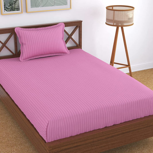TIB The Intellect Bazaar Glace Cotton Elastic Fitted Satin Striped Plain Bedsheet for Single Bed King Size with 1 Pillow Covers- 36x78(Pink)