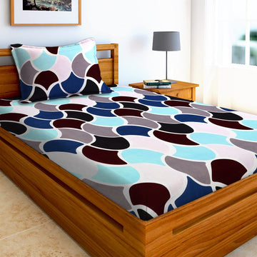 TIB The Intellect Bazaar Cotton Feel Glace Cotton Elastic Fitted Bedsheet Single Size Bedsheet with 1 Pillow Covers (36 x 78) Multi-circle